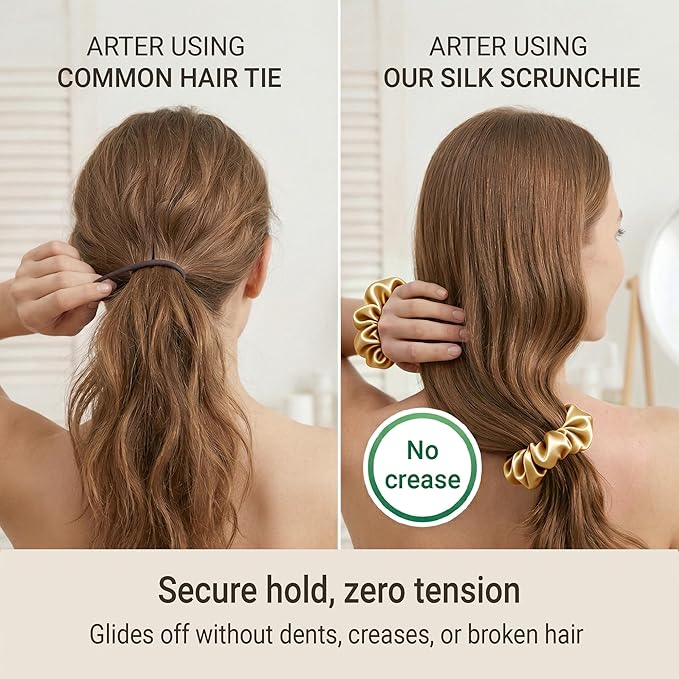 ZLYC 100% Mulberry Silk Scrunchie 19 Momme Gentle Creaseless Hair Tie for Women Dent-Free Ponytail Holder, 3.5cm Solid Champagne Gold