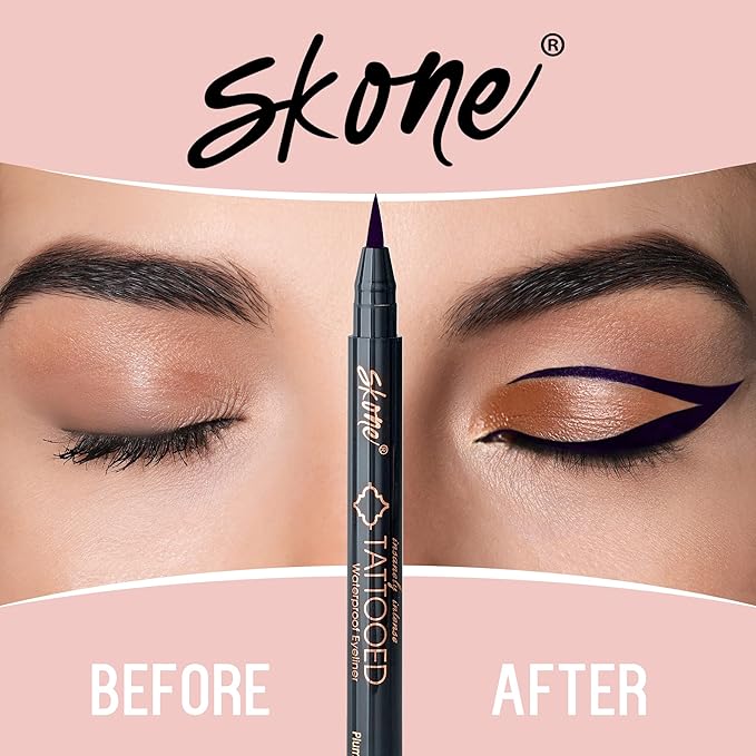 Skone Cosmetics Insanely Intense Tattooed Eyeliner Pen - Waterproof Liquid Eyeliner, Long Lasting, Sweat Proof, Smudge Proof Felt Tip Liquid Eyeliner - Pigmented Eye Liner Makeup - Plum Black (0.07oz)