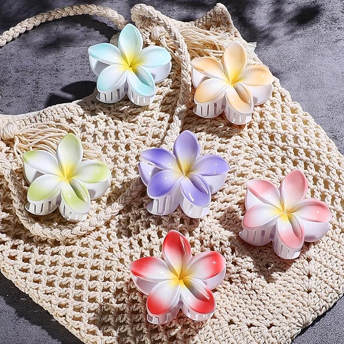 CHANDAT Flower Hair Clips 6 PCS Hawaiian Claw Clips for Vacation Hibiscus Hair Claw Clips Cute Large Hair Clips for Thick and Thin Hair Plumeria Hair Accessories for Women Girls -Light Petal