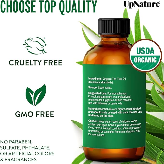 UpNature Tea Tree Oil - 100% Pure USDA Certified Organic Tea Tree Essential Oils for Skin, Hair, Toenail, Body and Scalp (2oz)