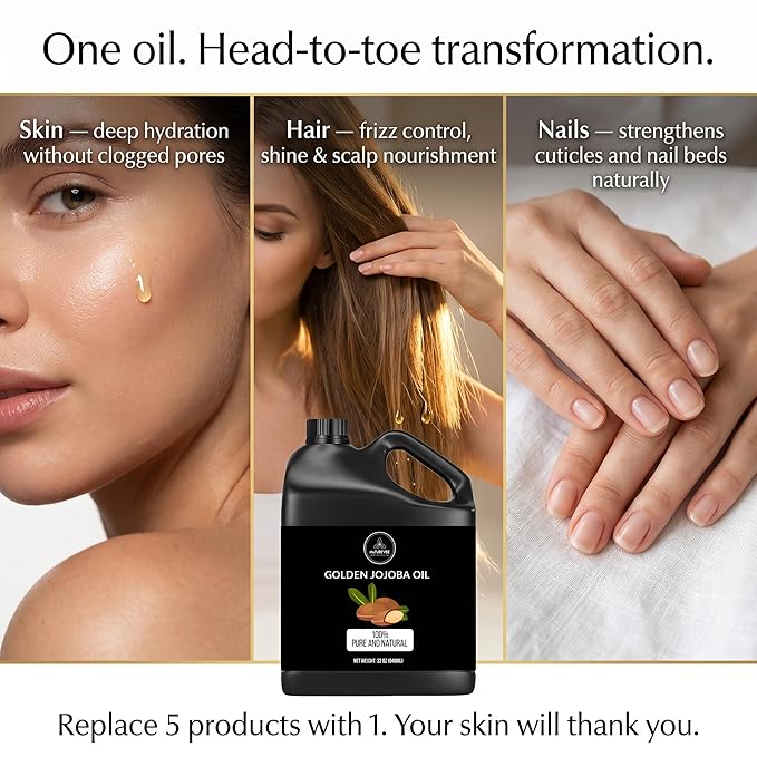 Naturevibe Botanicals Golden Jojoba Oil 32 oz – 100% Pure, Cold-Pressed Moisturizer for Skin & Hair | Antioxidant-Rich, Non-Greasy, Carrier Oil & Daily Hydration