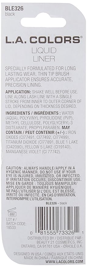 L.A. COLORS Thin Tip Liquid Liner (carded), Black CBLE326 (Pack of 2)