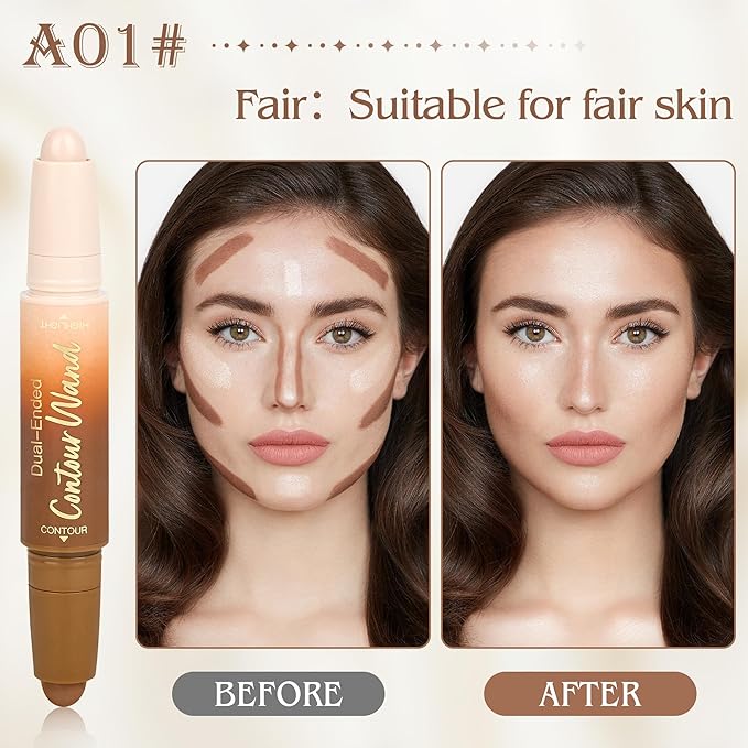 2Pcs Contour Highlighter Stick Set，2-in-1 Dual-Ended Cream Bronzer & Highlighter Sticks Pen for Face Body Contouring Makeup- Buildable，Waterproof, Easy to Apply Suitable for Beginners(01+02)