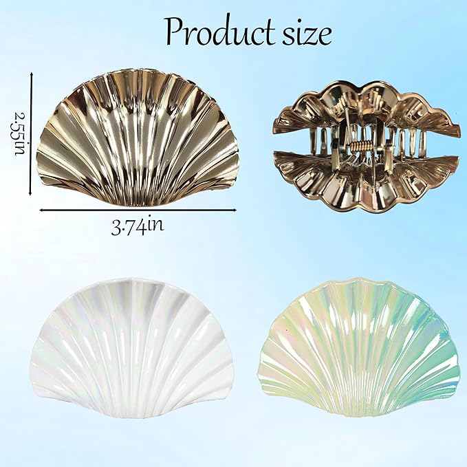 3PCS Seashell Claw Clip for Women 3.74 Inch Gold Shell Claw Clip for Thick/Thin Hair Hawaiian Hair Accessories for Girls, Hawaii Tropical Decor for Summer Beach Vacation (Gold White Blue Gradient)