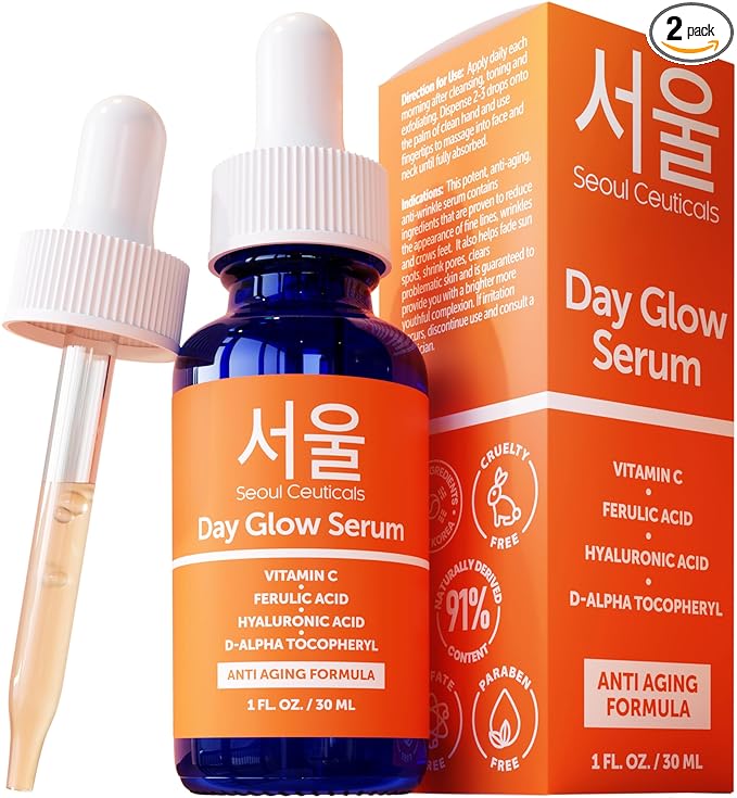 SeoulCeuticals 20% Vitamin C Hyaluronic Acid Serum (Pack of 2) + CE Ferulic Acid - Potent Anti Aging, Anti Wrinkle Korean Beauty 1oz