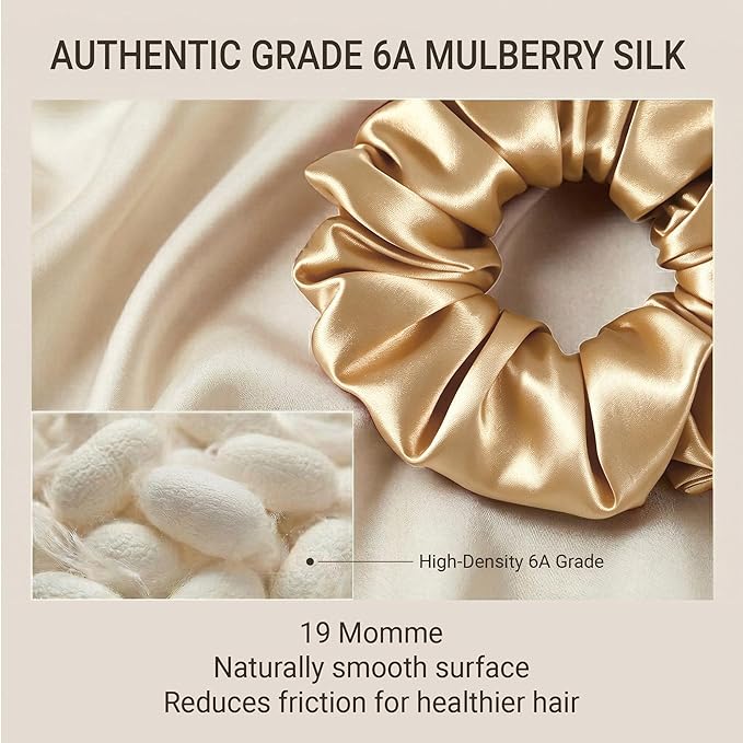 ZLYC 100% Mulberry Silk Hair Tie Scrunchie 19 Momme Gentle Creaseless Dent-Free Ponytail Holder for Women, 6cm Solid Champagne Gold