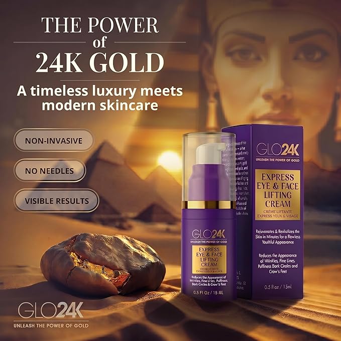 GLO24K Express Eye & Face Lifting Cream with Hyaluronic Acid, Peptides, 24K Gold, and Essential Vitamins - Reduces Wrinkles, Fine Lines, and Puffiness - Suitable for All Skin Types