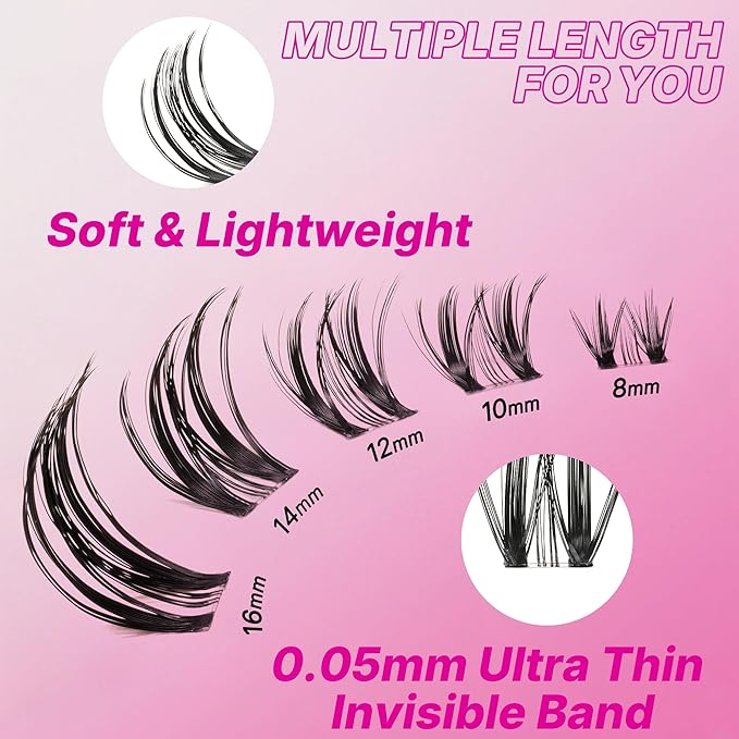 VEYESBEAUTY Lash Clusters Kit Eyelash Extensions Thin & Invisible Band DIY Individual False Eyelashes Newbie's Five-Second Series Lash Tray for Self-application, Whisper Lash 8-16mm Mixed Length