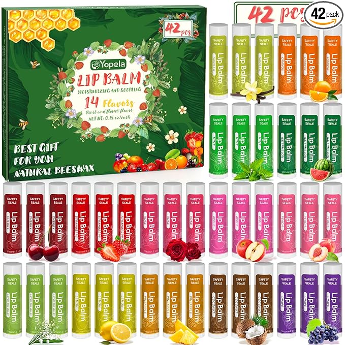 Yopela 42 Pack Natural Lip Balm Bulk with Vitamin E and Coconut Oil - Moisturizing, Soothing, and Repairing Dry and Chapped Lips Valentine's Gift - 14 Flavors - Non-GMO
