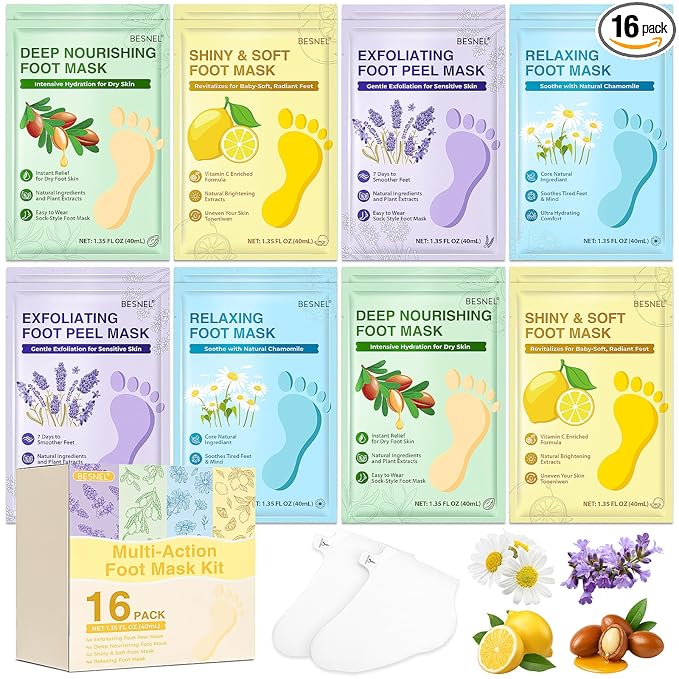 16 Pack Moisturizing Foot Mask,Hydrating Foot Masks for Dry Cracked Feet,Soothing Dry Skin Moisturizer Socks for Baby Soft Feet,Teacher Appreciation Gifts,Foot Care Spa Gifts for Women Men(4 Styles)
