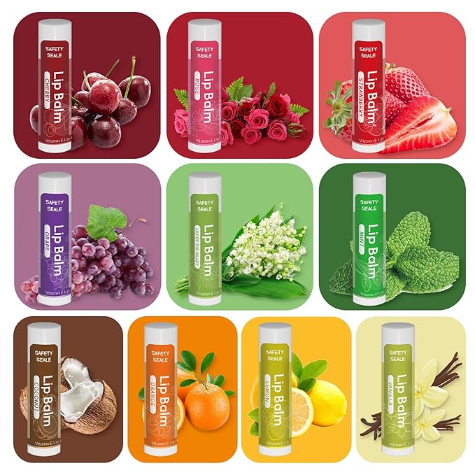 20 Pack Natural Lip Balm Bulk with Vitamin E and Coconut Oil Valentine's Best Choice - Moisturizing, Soothing, and Repairing Dry and Chapped Lips - 10 Flavors - Non-GMO
