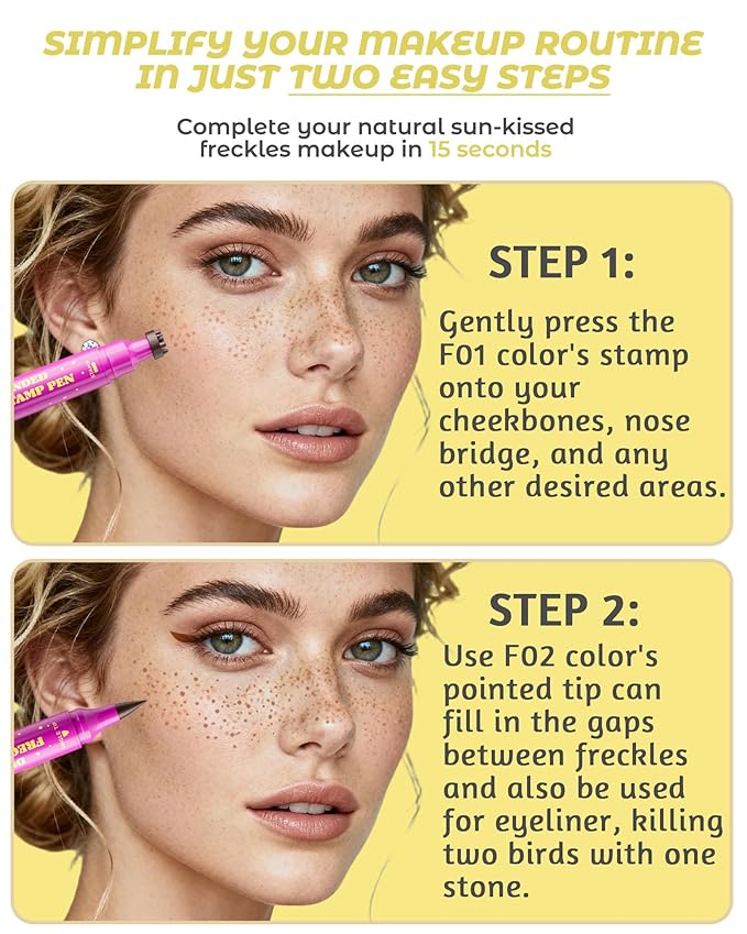 2 Color Faux Freckle Stamp Pen Kit, Upgrade Dual Ended 2-in-1 Waterproof Fake Freckle Pen with Multi-Prong Freckles Stamp Head for Women to Easily Create Natural Long-Lasting Sunkissed Makeup