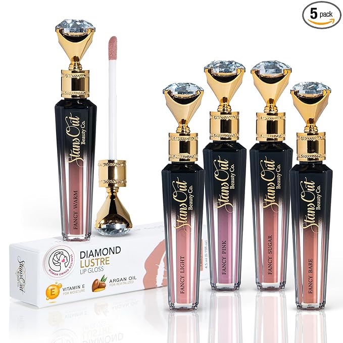 StansOut Diamond Lustre Lip Gloss Bundle - 5 Pack - Fancy Warm, Light, Pink, Sugar, Bare - Vitamin E & Argan Oil Infused - Long-Lasting Lustrous Shine - Hydrating Formula - Portable Elegance