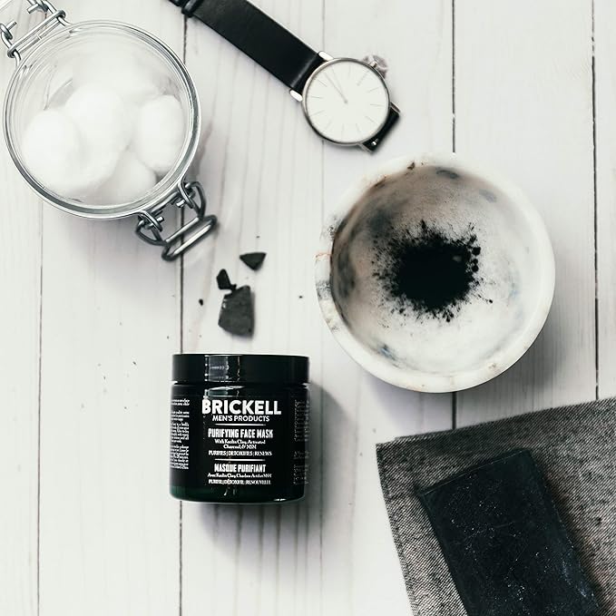 Brickell Men's Purifying Charcoal Face Mask Skin Care Product, Natural and Organic Activated Charcoal Facial Mask With Detoxifying Kaolin Clay, 4 Ounce, Unscented