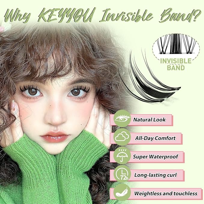 KEYYOU Fairy Lash Clusters 96Pcs D Curl 12MM Manga Lash Extension Eyelash Extension Wispy Natural Invisible Band Lash with Waterproof DIY Lash Extension at Home(Fairy-D-12MM)