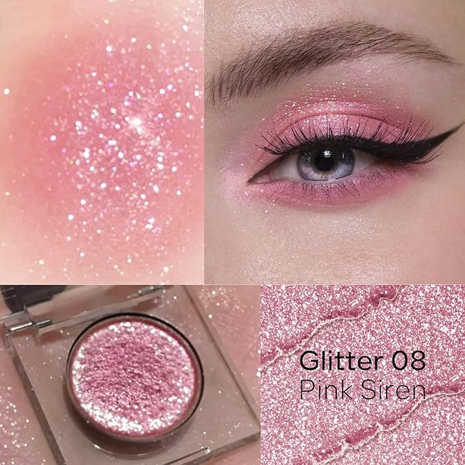 KYDA Single Glitter Eyeshadow, Soft Pink Pearl Glow Eyeshadow, Lasting Blendable Shimmer Eyes Shadow, Sparkling Eyes Glitter, Soft Buildable Glossy Color, Wet Look Effect, Pink Siren