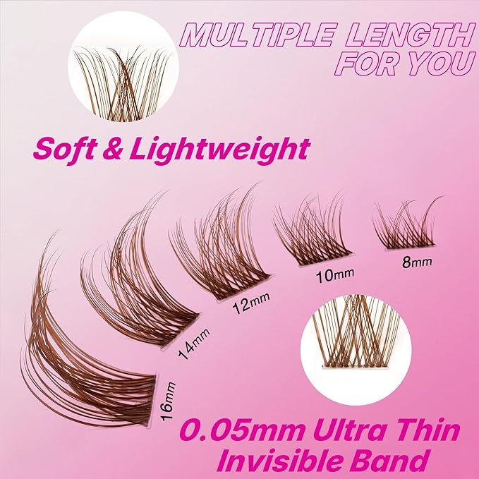 VEYESBEAUTY Brown Lash Clusters Individual Eyelash Extensions Thin & Invisible Band DIY False Eyelashes for Self-application Newbie's Five-Second Series Wispy Lash Tray, LuxeBold 8-16mm Mixed Length