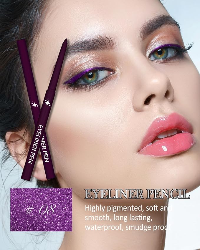 Glitter Purple Eyeliner Pencil, Glitter Gel Eyeliner Pencils, Waterproof Smudge Proof Long-Lasting Metallic Waterline Eye Liner, Precision Retractable Shine Pen for Mature Women Girls Eye Makeup- #08