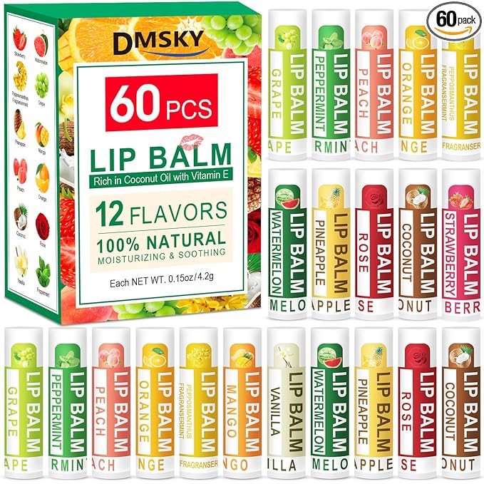 DMSKY 60 Pack Lip Balm, Natural Lip Balm Bulk, Moisturizing Lip Balms with Vitamin E and Coconut Oilfor Chapped Lips-12 Flavors