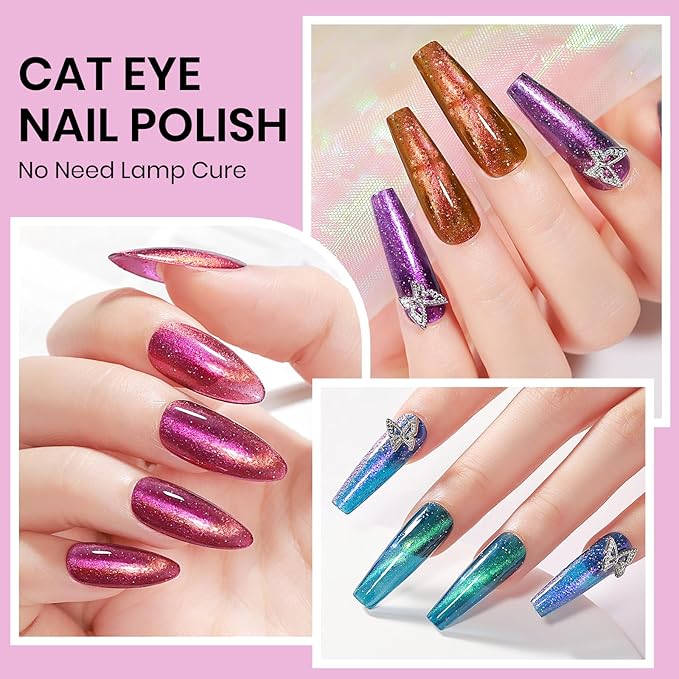 Magnetic Glitter Cat Eye Nail Polish Set, Quick Dry Cateye Nail Polish Non Gel, Multi-Color Holographic Nail Lacquer with Magnet High Glossy DIY Salon for Women Girl