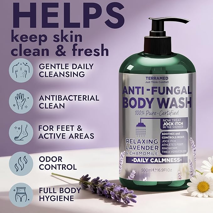 Antifungal Body Wash with Lavender Essential Oil |1% Tolnaftate Chamomile Soap for Ringworm, Jock Itch & Athlete’s Foot | Medicated Itch & Odor Relief Body Wash with Calming Effect | 16.9 oz