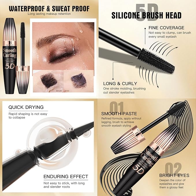 5D Fiber Mascara for Lengthening & Volumizing, Waterproof Smudge-Proof Mascara Buildable for Dramatic False Lash Effect, Clump-Free & Flake-Free