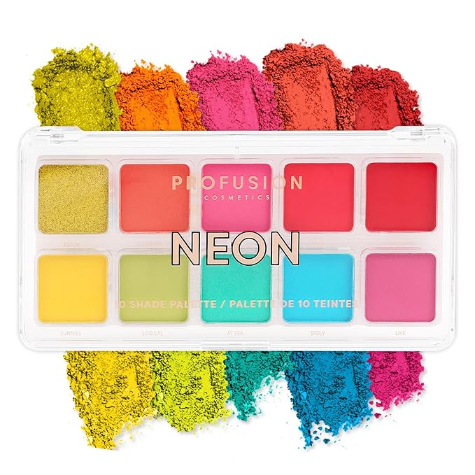 Profusion Cosmetics 10 Shade Eyeshadow Palette - High Pigmented Multi-Finish Colors, Vegan & Cruelty-Free, Create Stunning Looks On-the-Go - Travel-Friendly & Versatile Makeup, Neon