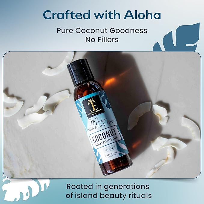 Island Essence Coconut Soothing Oil – Hawaiian Oil Blend with Organic Coconut Oil for Skin & Hair – Made in Maui – 4.5 oz Bottle for Body Massage - Massage Oils