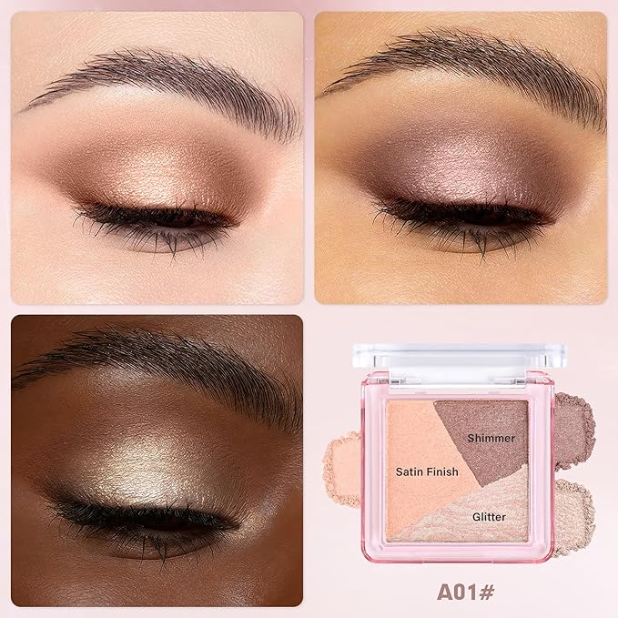 Eyeshadow Palette-Mini 3-in-1 Eye Shadow Powder Palettes Makeup-Matte&Shimmer Baked Eye Shadow for Women，paleta de sombras de ojos，Buildable Smooth Silky Waterproof for Daily Look，01Peach Brown