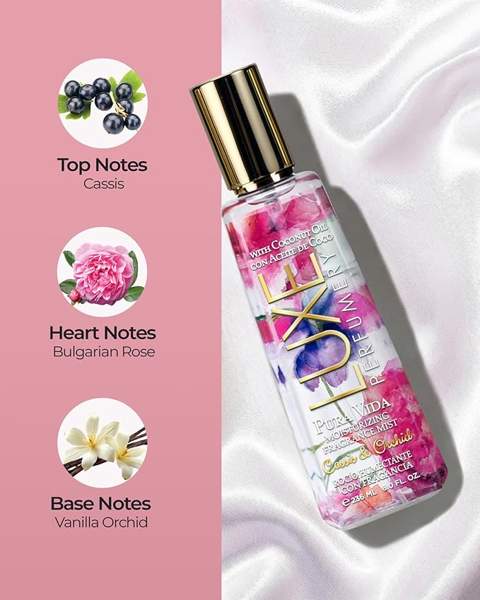 Luxe Perfumery Pura Vida Cassis & Orchid Moisturizing Fragrance Mist – Floral Fruity Body Spray with Cassis, Bulgarian Rose & Vanilla Orchid – Hydrating Skin Mist for Women, Made in USA, 8 Fl Oz