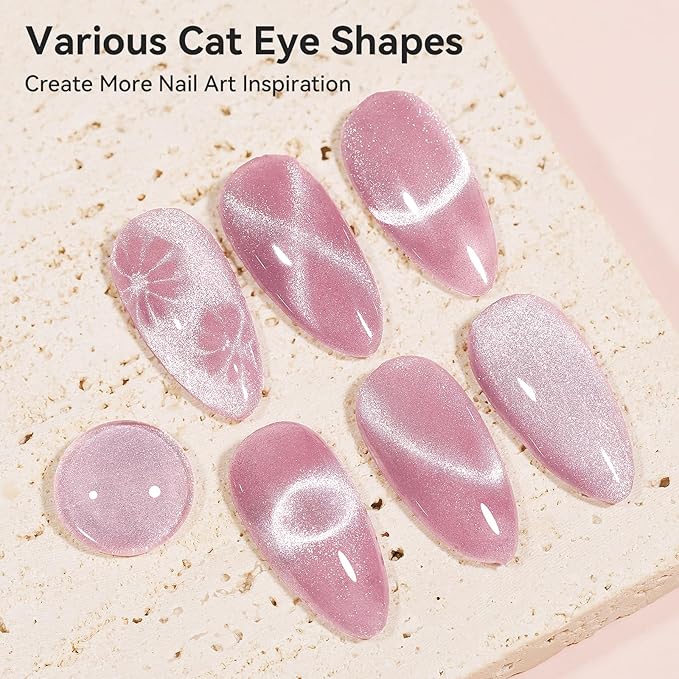 Pink Cat Eye Gel Polish, Glitter Magnetic Nail Polish Shimmer With Magnet Stick, for Holographic Cateye Effect, UV Velvet Gel Nail Art Manicure Salon DIY Home Valentine's Day Gift, 12ML