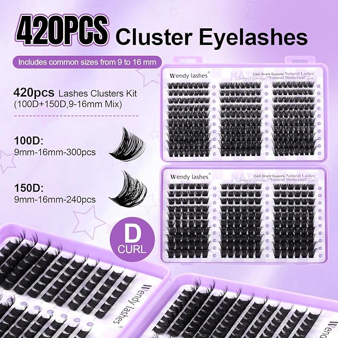 WENDY LASHES Clusters 100D+150D Eyelash Clusters 420PCS 9-16mm D Curl Natural Lashes Fluffy Wispy False Eyelashes DIY Cluster Eyelash Extensions