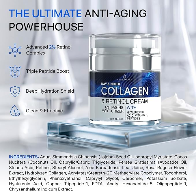 Collagen Face Cream with Retinol & Hyaluronic Acid - Anti Aging Moisturizer for Women & Men, Firming Day & Night Cream for Wrinkles, Hydrating Facial Lotion for All Skin Types
