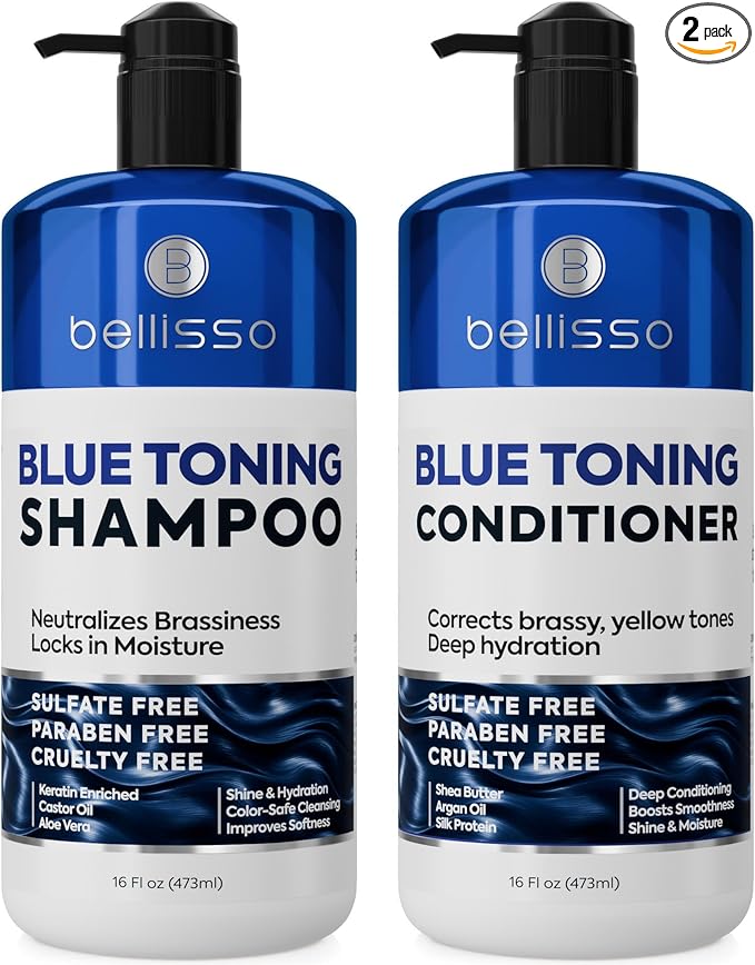 Blue Shampoo and Conditioner Set - Sulfate Free and Paraben Free - Neutralizing Toner to Correct Orange, Brassy Hair Back to Brunette - Professional Formula - For Women and Men - 16 Fl Oz (Set of 2)