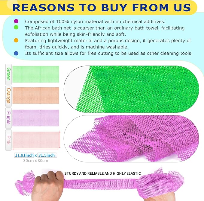 4 Pieces African Net Sponge for Deep Exfoliation – African Net Sponge Authentic, Exfoliating Washcloth, Quick-Drying African Net for Smooth & Glowing Skin(Purple, Pink, Green, Orange)