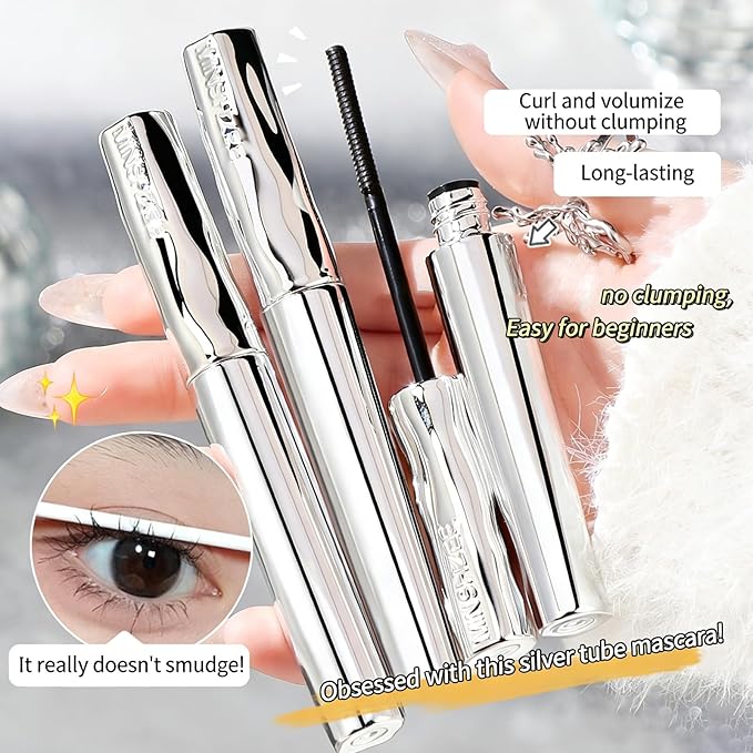 2Pcs Iron Wand Mascara, Telescopic Metal Tubing Mascara Natural Length Volume Slim Steel Tube Eyelash Primer Ultra Fine Lengthening & Curling Smudge-Proof Mascara (Black)