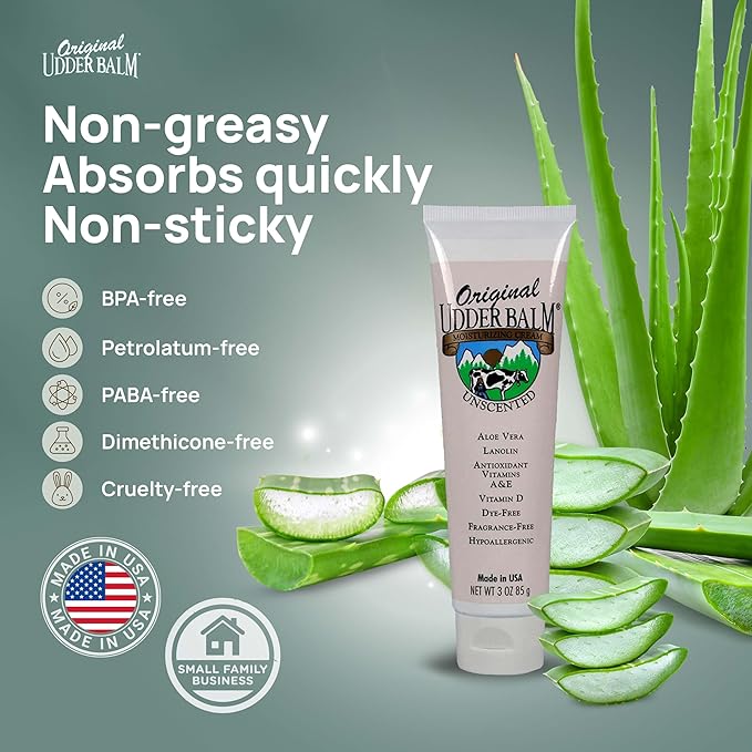 Original Udder Balm Unscented Tube - Made in USA - Hypoallergenic, Dry Skin Relief for Hands, Feet & Face, Moisturizer for Sensitive, Cracked Dry Skin, 3 Fl Oz