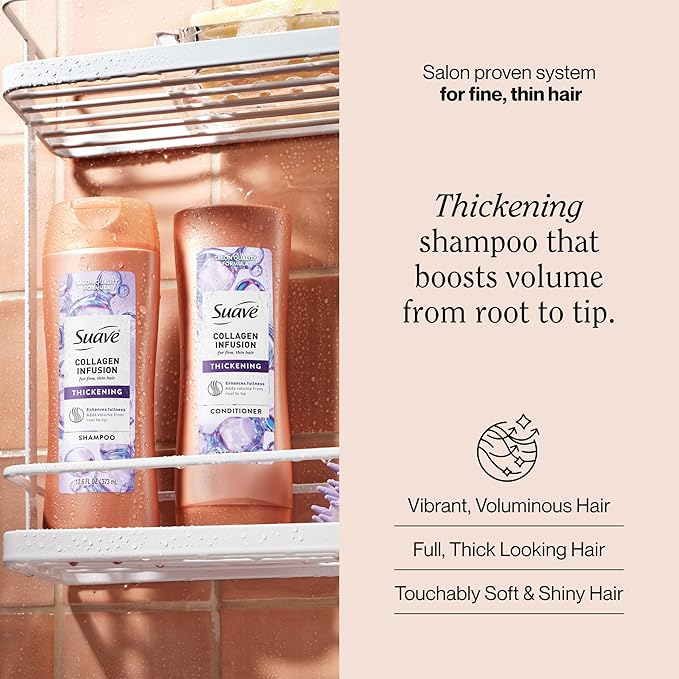 Suave Professionals Thickening Shampoo Collagen Infusion for Fine Hair Volumizing Shampoo 12.6 oz (Pack of 2)
