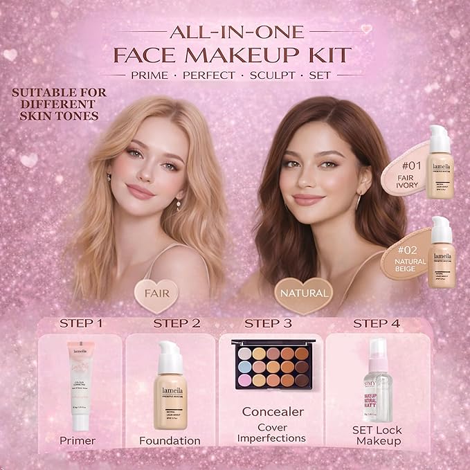 All in One Makeup Kit for Women & Beginners, Essential Full Makeup Set with Eyeshadow Palette, Lip Gloss, Foundation, Brushes – Makeup Gift Set for Teens & Girls, Great Value Starter Kit