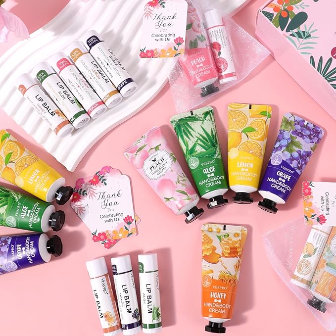 VESPRO 10 Pack Bulk Hand Cream and Lip Balm Sets, Mothers Day Gifts for Mom, Teacher Appreciation Gifts, Nurses Week Gifts, Thank You Gifts and Birthday Gifts with Thank Card Organza Bags