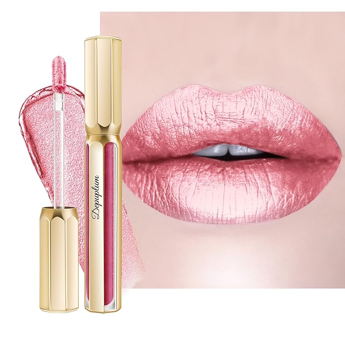 Depuplum Pink Lipsticks for Women Metallic Lipstick Long Lasting Shimmer Lip Gloss Metal Shine Glitter Waterproof Lipsticks Full Coverage Lip Color for Mother's Day,DP114 Daytime