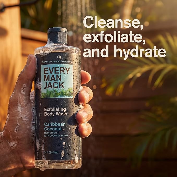 Every Man Jack Exfoliating Men's Body Wash for All Skin Types - Caribbean Coconut - Made with Natural Exfoliants - 14 fl oz (2 Pack)