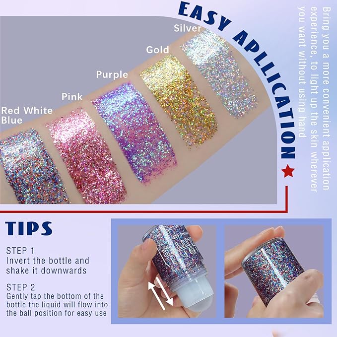 HOSAILY Red White and Blue Roll-on Body Glitter Gel, 4th of July Accessories Holographic Face Glitter Gel, Fourth of July Sequins Makeup for President's Day Patriotic Veterans Day