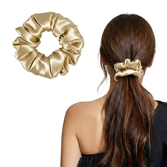 ZLYC 100% Mulberry Silk Scrunchie 19 Momme Gentle Creaseless Hair Tie for Women Dent-Free Ponytail Holder, 3.5cm Solid Oatmeal