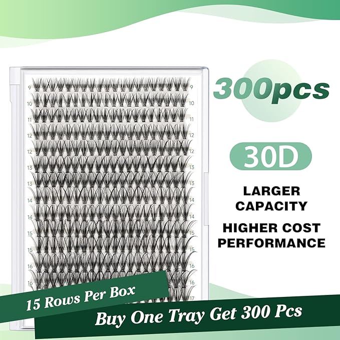 KEYYOU Lash Clusters 300pcs Individual Lashes, 30D 0.07C Curl 9-18MIX DIY Eyelash Extension, Soft & Natural Volume Cluster Lashes with Large Tray