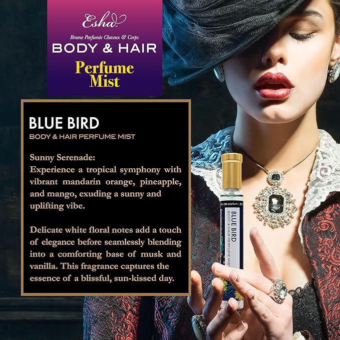 Esha Body & Hair Perfume Mist - Eau de Parfum for Women - Infused with Betaine - Juicy Orange, Pineapple, Mango with Musk and Vanilla - (BLUE BIRD)
