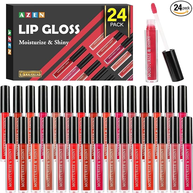 AZEN 24 Pack Lip Gloss Bulk Set, Shimmery Lip Gloss for Women and Girls With Rich Varied Colors, Mothers Day Gifts for Women