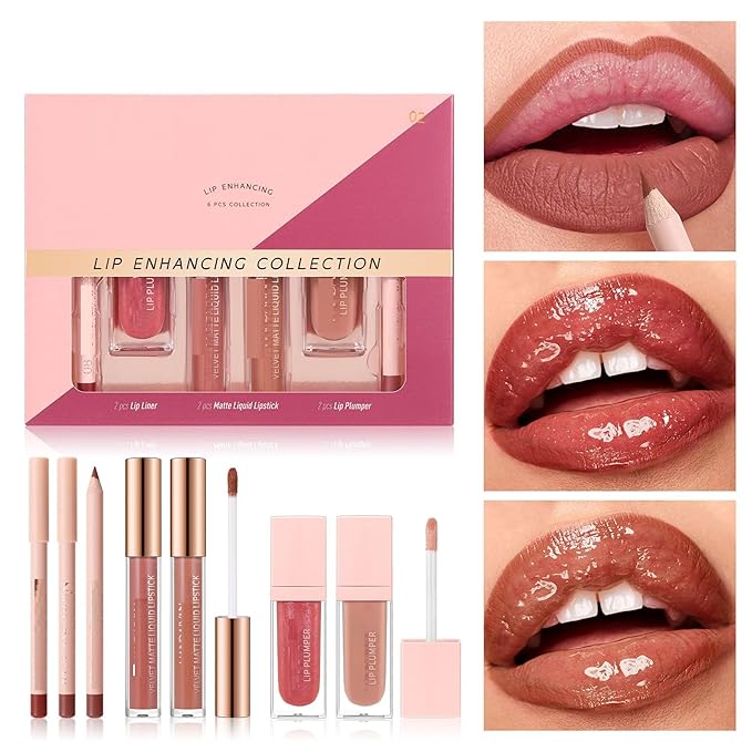 Lip Collection Set 6PCS Matte Lipliner Lipstick and Lip Plumber Kit Long Lasting High Pigmented Velvety Lip Makeup (Set 02)
