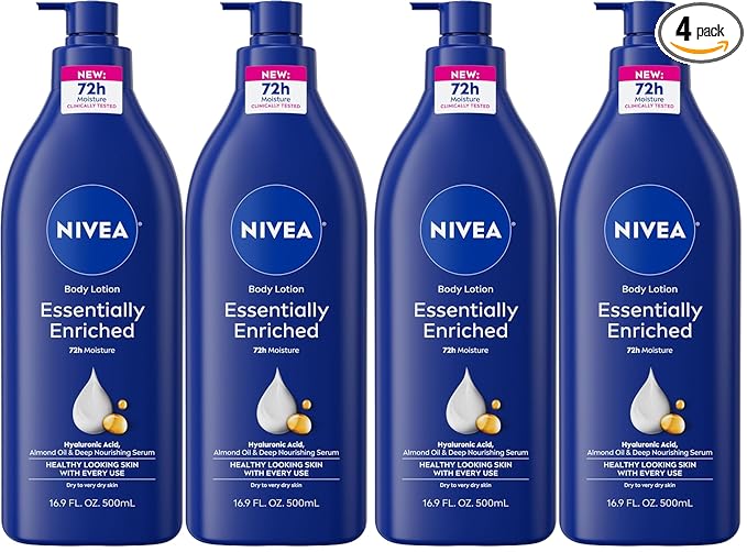 NIVEA Essentially Enriched Body Lotion for Very Dry Skin with Hyaluronic Acid,Almond Oil and Deep Nourishing Serum,72-Hour Body Moisturizer,16.9 Fl Oz Pump Bottle,(Pack of 4)