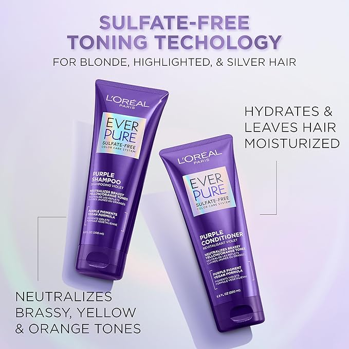 L’Oreal Paris EverPure Sulfate Free Brass Toning Purple Shampoo and Conditioner for Blonde,Bleached,Silver,or Brown Highlighted Hair,(Pack of 6)